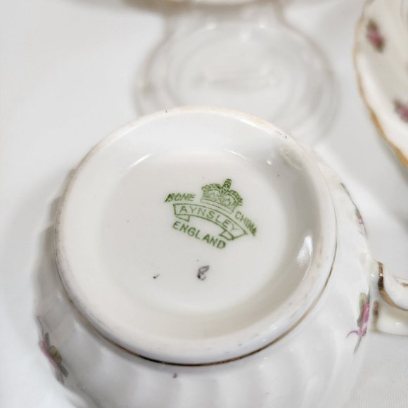 John Aynsley Hathaway Cup & Saucer bone china roses swirled edge England 2 sets - Picture 7 of 11